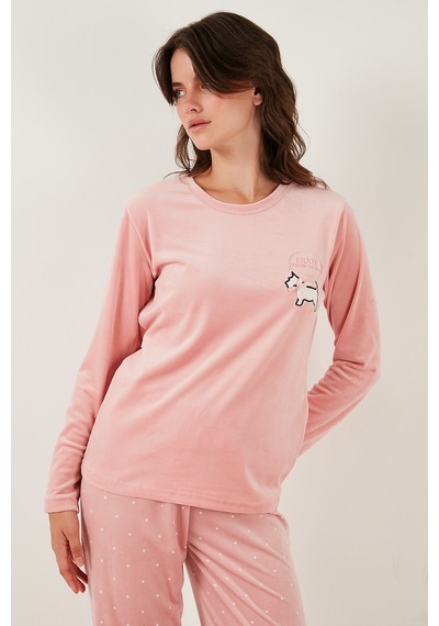 Lela Desenli Regular Fit Bisiklet Yaka Uzun Kollu Bayan Pijama Takımı 65713312 Pudra Lela Desenli Regular Fit Bisiklet Yaka Uzun Kollu Bayan Pijama Takımı 65713312 Pudra
