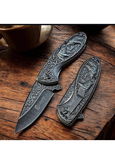 Knivox Columbia Company 2510-a Eskitme Ayı Motifli Kamp Çakısı Siyah