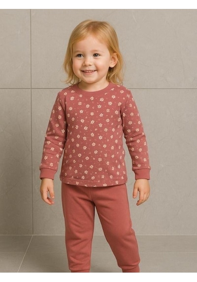 Kız Çocuk Çiçek Desenli Pamuklu Yumuşak Dokulu Pijama Takımı-16056 Gül Kurusu