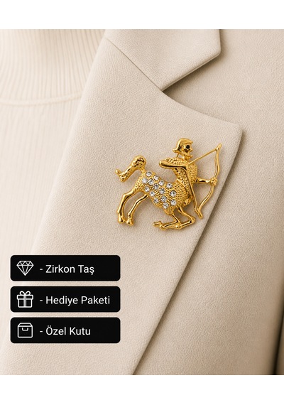 Hediye Yay Burcu Kadın Broş Gold Renk Zirkon Taşlı Burç Rozeti Açık Gri