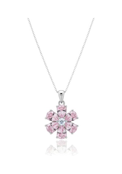 Pembe Taşlı Sevgi Çiçeği Gümüş Kolye - Gümüş Gümüş