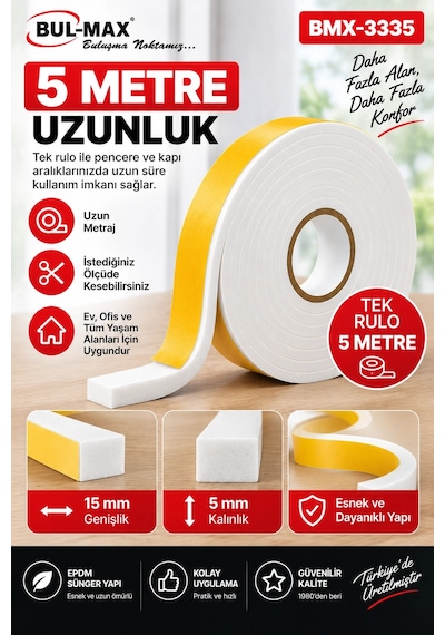 Pencere Kapı İzolasyon Bandı 5 Metre 15x5 Mm Beyaz Hava Sızdırmazlık Bandı Bul-max Epdm