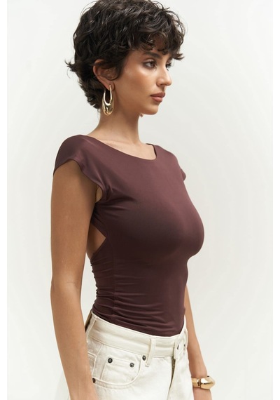 Mai Collection 2737 - Nives Sırt Dekolteli Kahve Crop
