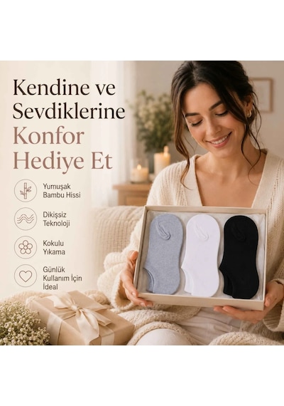 Elitse Kadın Bambu 6 Lı Dikişsiz Babet Çorap Siyah Beyaz Gri Görünmez Sneaker Çorap Nefes Alan Yumuşak Beyaz 6'lı
