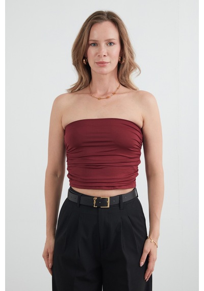 Fullamoda Basic Yanları Drapeli Straplez Büstiyer Bordo