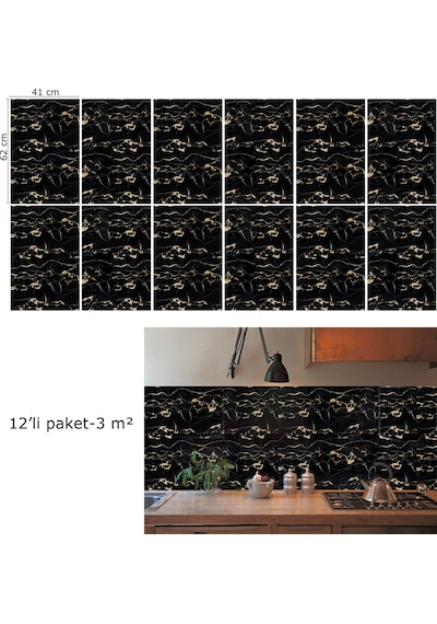 Tink Kendinden Yapışkanlı Gold Siyah Desenli Pvc Panel 41x62 Cm