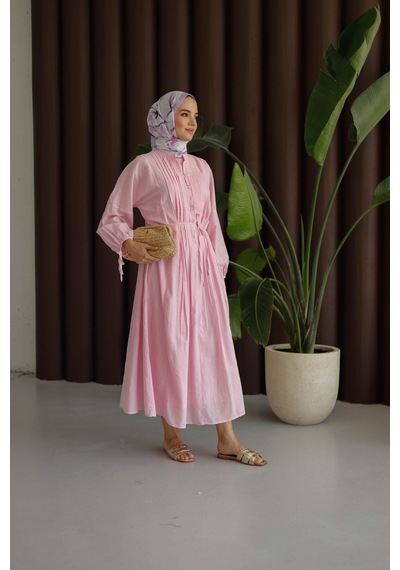 Moonsc Kadın Regular Fit Nervürlü Pamuklu Astarlı Keten Pembe Tesettür Elbise