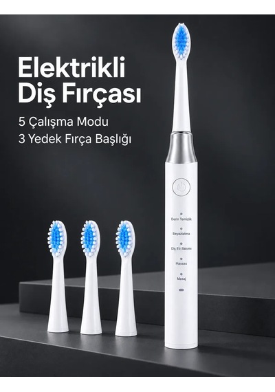 5 Çalışma Modlu Beyaz Elektrikli Diş Fırçası 3 Yedek Başlık Hediyeli
