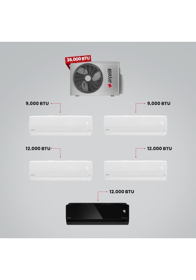 Arçelik 1+5 Multi Sistem 36100 MD Pro Dış Ünite 2 Adet 9 BTU Beyaz + 2 Adet 12 BTU Beyaz + 12 BTU Siyah İç Üniteler Duvar Tipi Klima