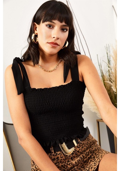 Aqe Fashion Kadın Siyah Askılı Crop Bluz Siyah
