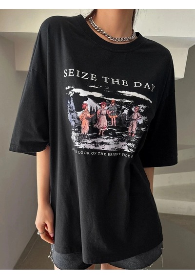 Tarzsokak Kadın Siyah Seize The Day Baskılı Oversize T-shirt Siyah