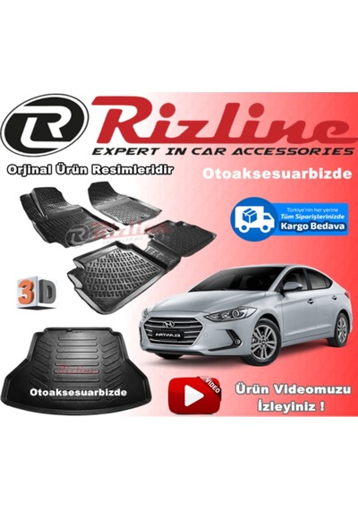 Hyundai Elantra 3D Paspas+Bagaj Havuzu Siyah 2016 Sonrası Rizline