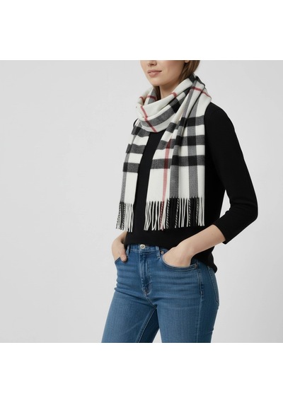 Klasik Ekose Püsküllü Kadın Atkı & Şal 50x190 Cm Beyaz