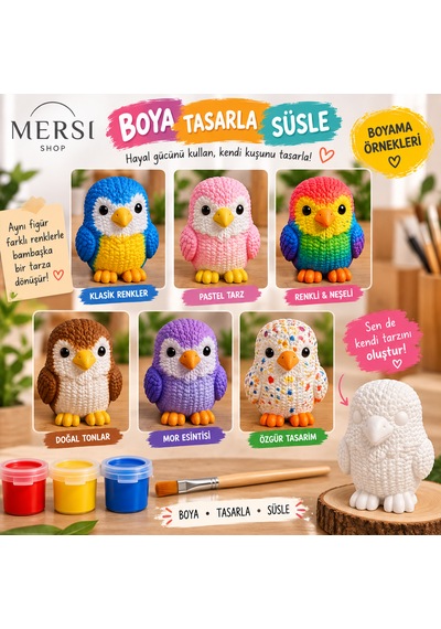 Kendi Kuşunu Boya Seti 2 Li Taş Tozu Figür 3 Renk Boya Ve Fırçalı Hobi Boyama Seti