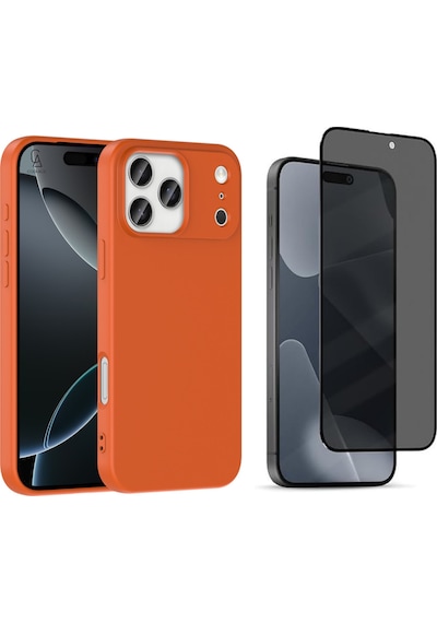 Apple Uyumlu iPhone 17 Pro Içi Kadife Lansman Kılıf Ve Hayalet Tam Kaplayan Cam Ekran Koruyucu Turuncu