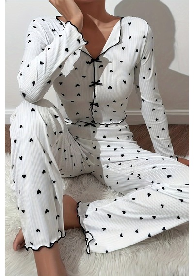 Merry See Kalp Baskılı Uzun Kollu Pijama Takımı Beyaz