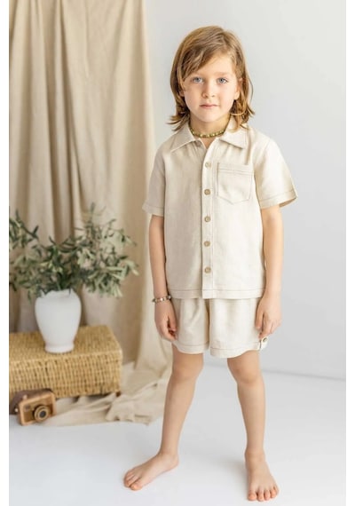 Oliven The Kid Oliventhekid Bej Keten Önden Düğmeli Cepli Kısa Kol Erkek Çocuk Gömlek Bej Bej