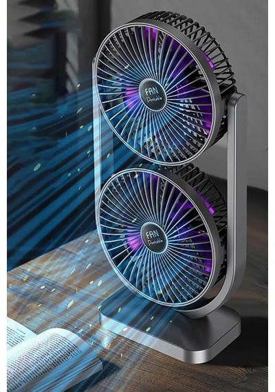 Exenar - Siyah - Çift Başlıklı Masaüstü Fan Brushless Motor 10w Güçlü Vantilatör Ayarlanabilir Başlık 2400 Mah Şarjlı