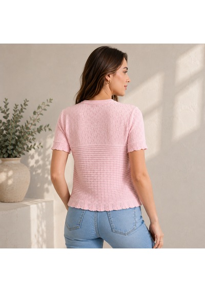 Novalisse Dantel Detay Ajurlu Kısa Kol Bisiklet Yaka Triko Bluz - Pembe