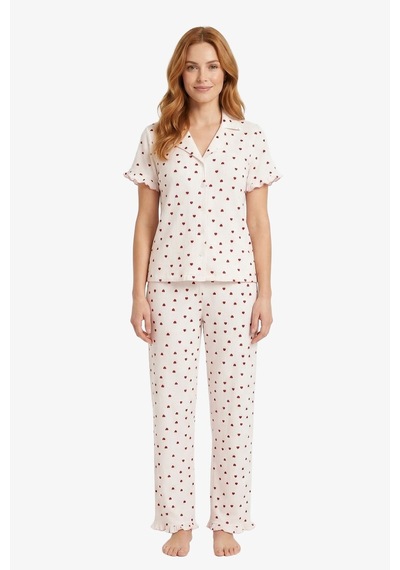 Cottonhill Krem Kalp Desenli Bürümcük Gömlek Yaka Kadın Pijama Takımı