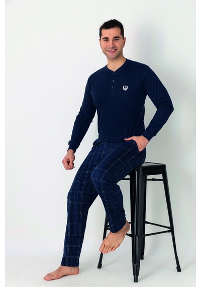 Estiva Erkek Kareli Alt Desenli Lacivert Uzun Kollu Patlı Penye Pijama Takımı Çok renkli
