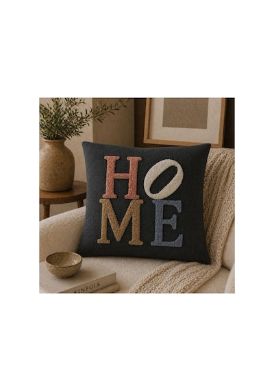 Punch Nakışlı Kırlent Kılıfı 45x45 Cm Kırlangıç Home Çapa Çiçek Desenli Siyah-home