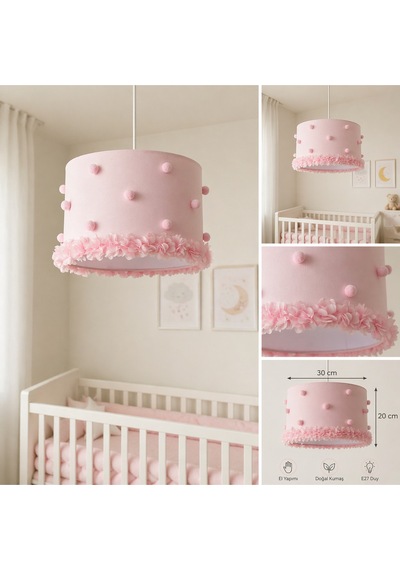 Pembe Ponponlu Çiçek Detaylı Bebek Odası Avizesi Pastel El Yapımı Tasarım Pastel Pembe
