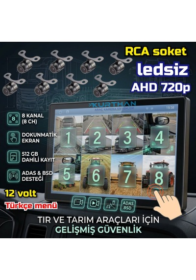 8 Adet Ledsiz Ahd 720p Kelebek Kamera 8 Ch 10 İnç Dokunmatik Ekran 512 Gb Dvr Adas Bsd 12 Volt