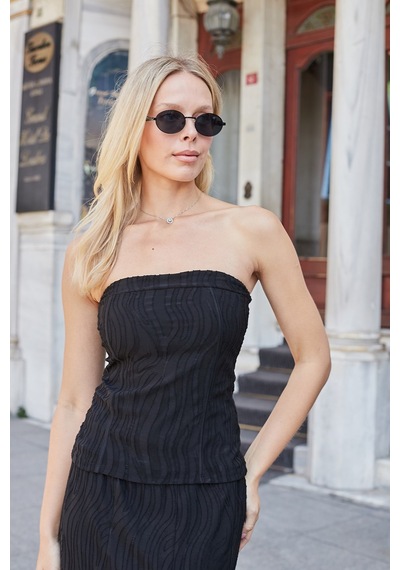 Jument Kadın Desenli Tül Strapless Likralı Body Bluz-siyah