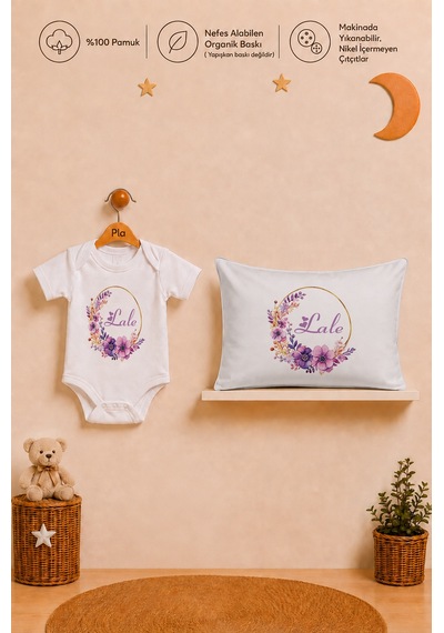 Pia Baby İsme Özel Kız Bebek Hediyesi %100 Pamuk Organik Baskılı Body Yastık Kılıfı Ve Ham Bez Kıyafet Kesesi 1076byk2x Ekru