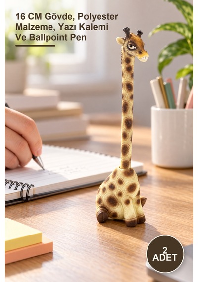 2 Adet Zürafa Polyester Tükenmez Kalem 16 Cm Gövde, Polyester Malzeme, Yazı Kalemi Ve Ballpoint Pen 1