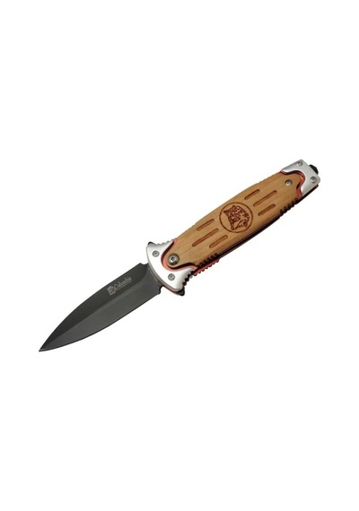 Fs 11033 Kahverengi Kurtarma - Kamp Çakısı 20cm - Yarı Otomatik, Kurt İşlemeli Ahşap Sap, Kemerlikli Çok Renkli