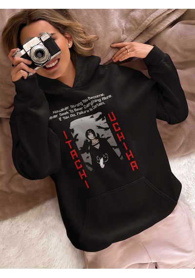 Sevbano Uchiha Itachi Naruto Baskılı Unisex Oversize Anime Hoodie Siyah
