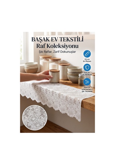 23 Cm Krem Pvc Dantel Raf Örtüsü Dolap İçi Örtü Runner Beyaz-3