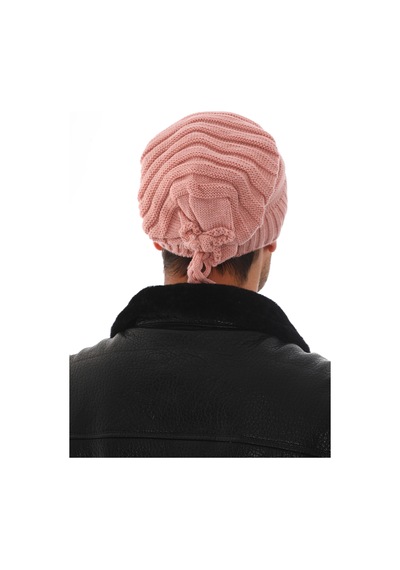 Ritagarcia Unisex Arkası İpli Büzgülü Triko Bere Kışlık Dökümlü Slouchy Beanie Bere Pudra