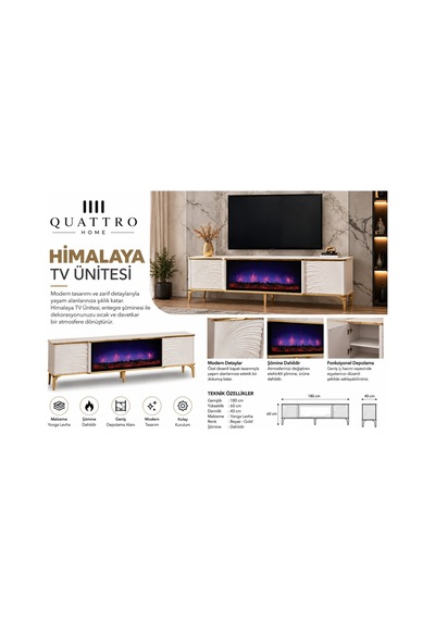 Himalaya Elektrikli Şömineli Tv Ünitesi 180 Cm Beyaz Gold Modern Tv Sehpası