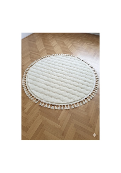 Velvet Serisi Krem Saçaklı Bubble Yolluk Özel Puffy Peluş Halı Yuvarlak Kaymaz Taban Antre Hol Polye Renkli