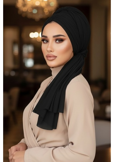 Aişe Tesettür Siyah Tokalı Abiye Bone Şal / Hazır Duvak Siyah Tül2