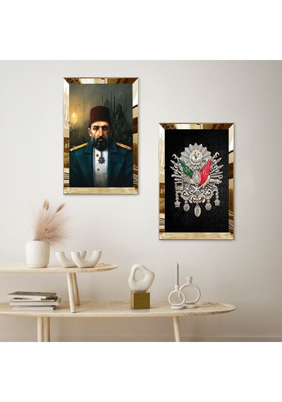Gold Aynalı Pleksi Çerçeveli Padişah Abdülhamid Ve Osmanlı Tuğrası İkili Mdf Tablo Seti