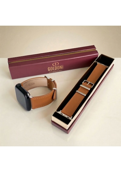 Goldoni Apple Watch Uyumlu İnce Taba Deri Kordon Metal Köprülü