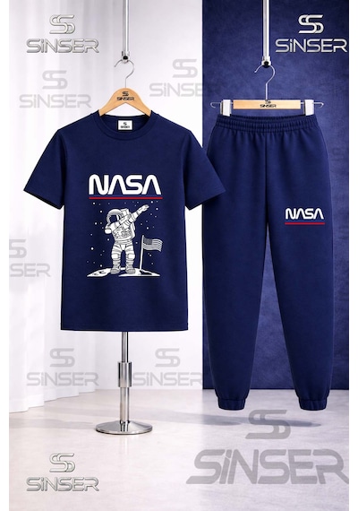 Ss Sinser Çocuk Astronot Beyz Ust Nasa Yazı Baskılı Tişort Eşofman Takımı Lacivert