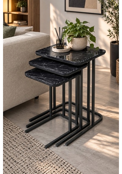 Sulorahome 3'lü Zigon Sehpa Seti Siyah Mermer Desenli Metal Ayaklı
