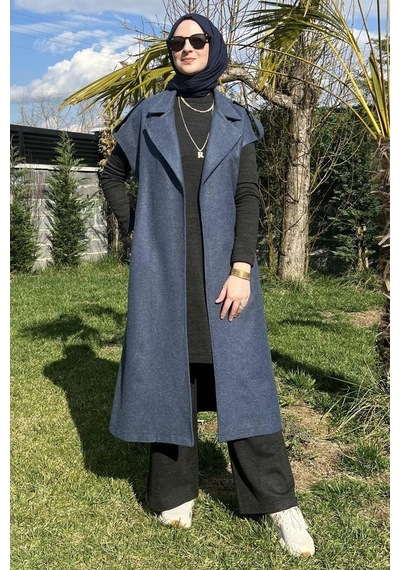 Rabia Şamlı Apoletli İndigo Yelek Normal