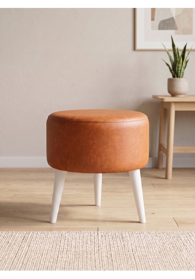 Modern Taba Deri Puf Tabure Ahşap Beyaz Ayaklı Yuvarlak Puf 40x42 Cm