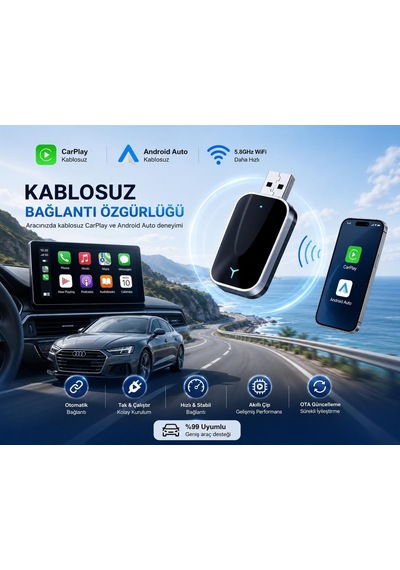 Tr Kablosuz Carplay Android Auto Adaptörü Mini 2'si 1 Arada Wireless Usb Dönüştürücü Type-c Otg Destekli Tak Ça
