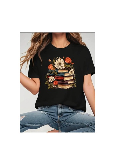 Medinenur Kitap Baskılı Basic T-shirt Siyah