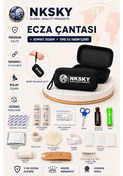 Nksky 36 Parça İlk Yardım Çantası, Siyah Eva Çantalı İlk Yardım Seti, Bileğe Takılabilir Taşıma İpli Ecza Çantası