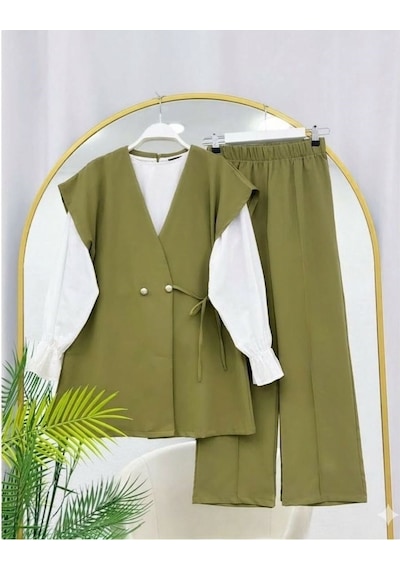 Lovie Moda Kadın Üçlü Şık Takım - Haki Bej