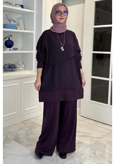 Rabia Şamlı Miray Triko-modal Pantolonlu Takım Mürdüm Normal