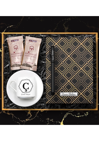 Kişiye Özel Tasarım Fincan & Gold Kare Desenli Defter & Roller Kalem & 2'li Türk Kahvesi Hediye Seti